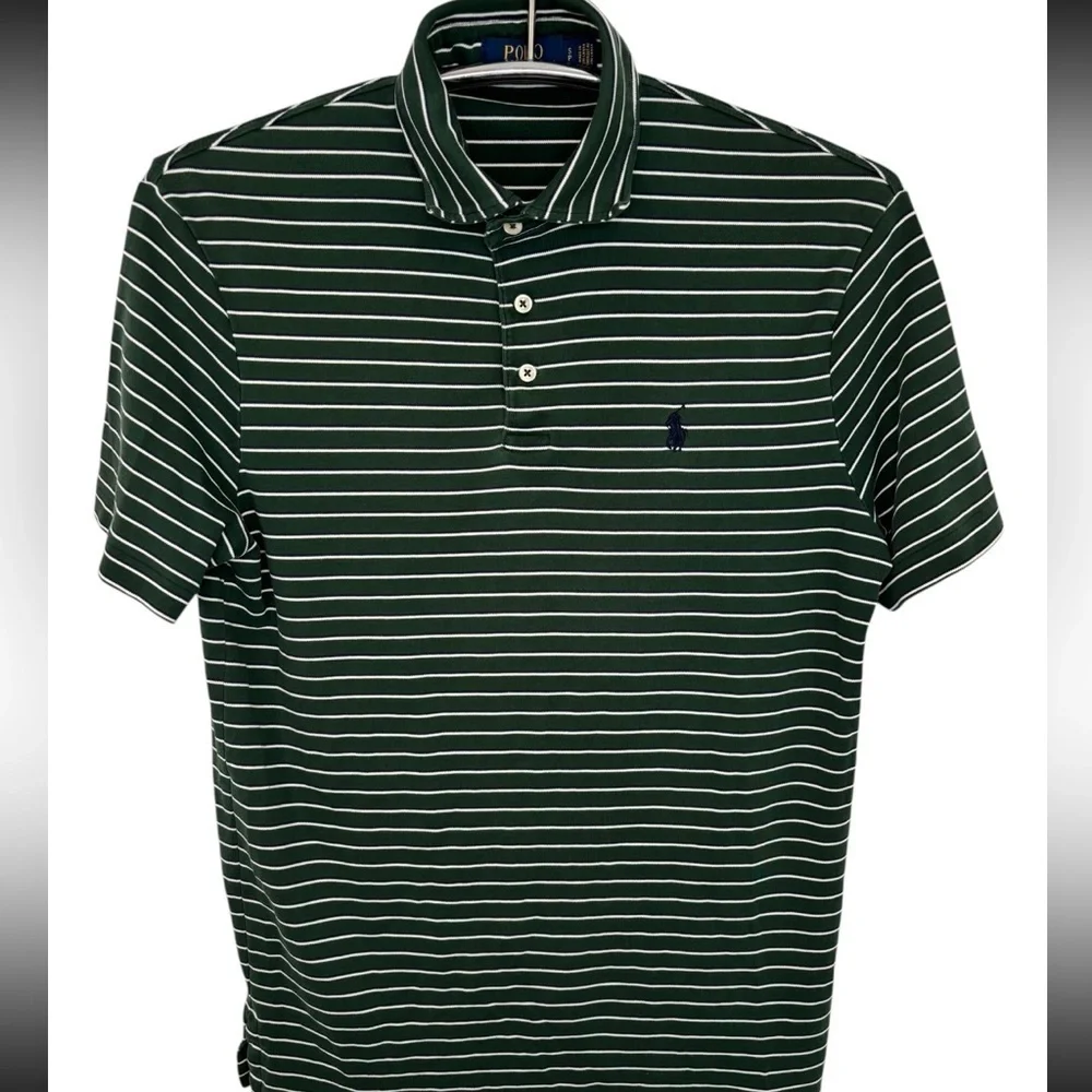 Ralph Lauren Dark Green Striped Polo Shirt with Iconic Embroidered Logo